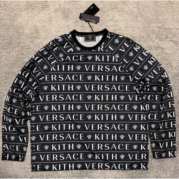 Kith x Versace Monogram Tricot Crewneck Black White Long Sleeve T-shirt Large L - Picture 2 of 9